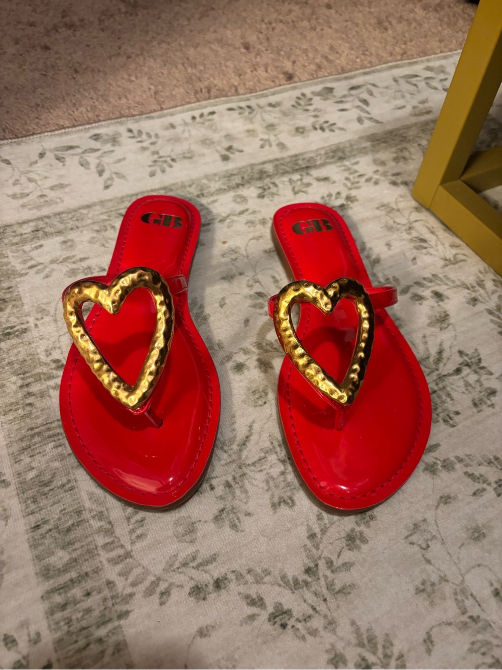 Gianni Bini Red Patent Slide Sandals with Gold Heart Accent- Never Worn
